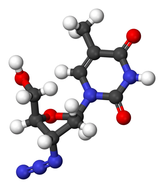 La molécule d'AZT ressemble beaucoup à un nucléotide. Ici, les atomes de carbone sont en noir, l'oxygène en rouge, l'azote en bleu et l'hydrogène en blanc. Crédits DR 