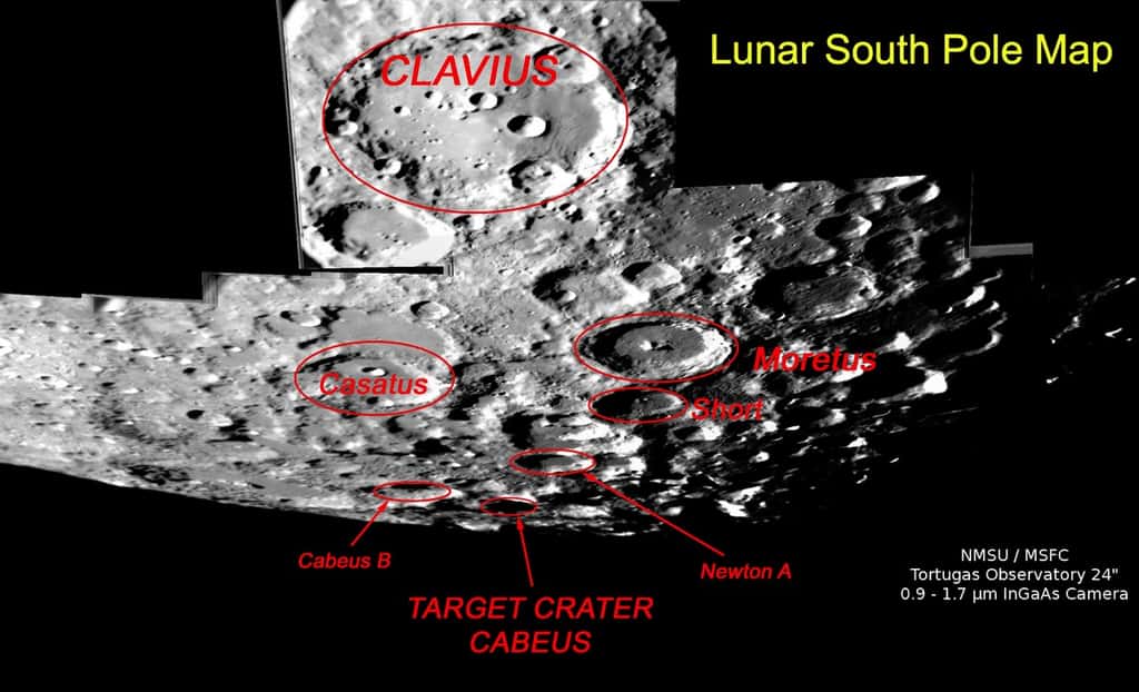 Situé à 100 kilomètres du pôle Sud lunaire, le cratère <em>Cabeus </em>avait été choisi en 2009 pour y précipiter la sonde LCross. © NMSU/<em>MSFC Tortugas Observatory</em>