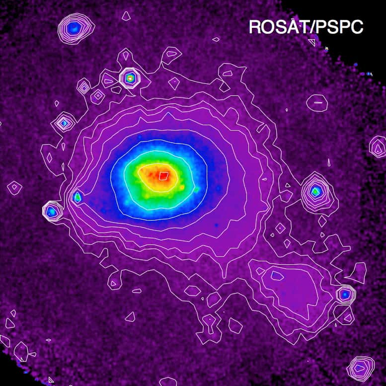 L'amas proche de Coma, bien étudié, est très chaud. Il présente une émission forte dans le domaine des rayons X, observée avec le satellite Rosat. © ESA,<em> Planck HFI LFI consortia</em>, Rosat