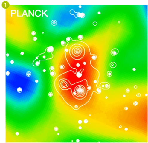 Sur cette image composite multifréquences, on voit le super-amas de galaxies découvert par Planck (la couleur rouge signifiant un excès d'émission dû à l'effet Sunyaev-Zel'dovich dans le domaine des ondes submillimétriques). La taille de l'image est d'environ 15 x 15 minutes d'arc sur le ciel, la moitié de la taille de la Lune. © ESA, <em>Planck HFI LFI consortia</em>, XMM-Newton