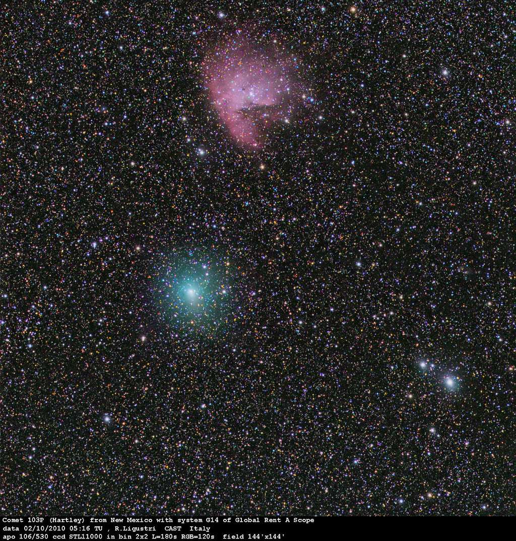 La comète Hartley 2 à proximité de la nébuleuse Pacman. © R. Ligustri/CAST/GRAS