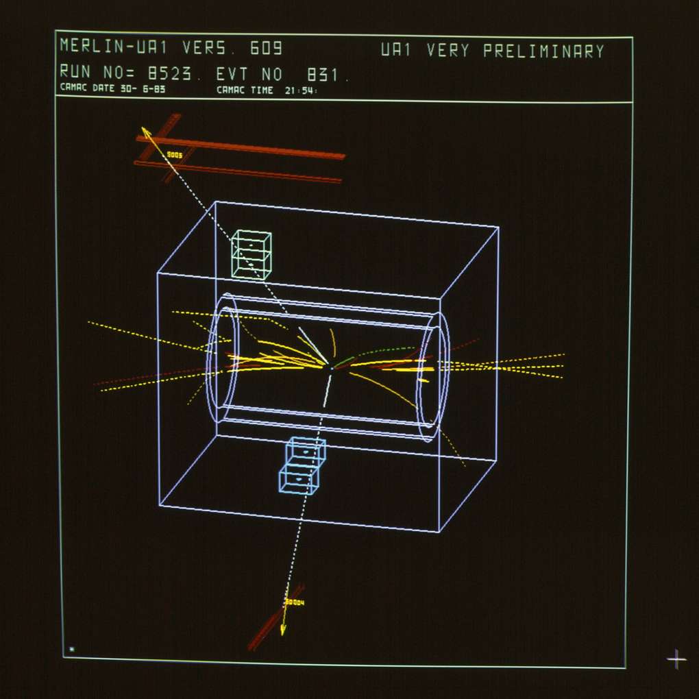 Une image d'ordinateur montrant dans le détecteur UA1 au début des années 1980 le fameux boson Z<sub>0</sub>. Ce détecteur ne pourrait pas avoir vu le jour sans l'invention de la MWPC par Georges Charpak. © Cern