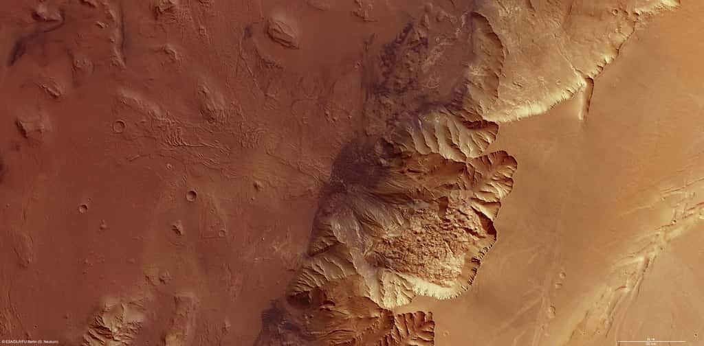 Le survol de Valles Marineris par l'orbiteur Mars Express lui a permis de révéler la structure tourmentée de Melas Chasma. <br />© Esa/DLR/FU Berlin/G. Neukum