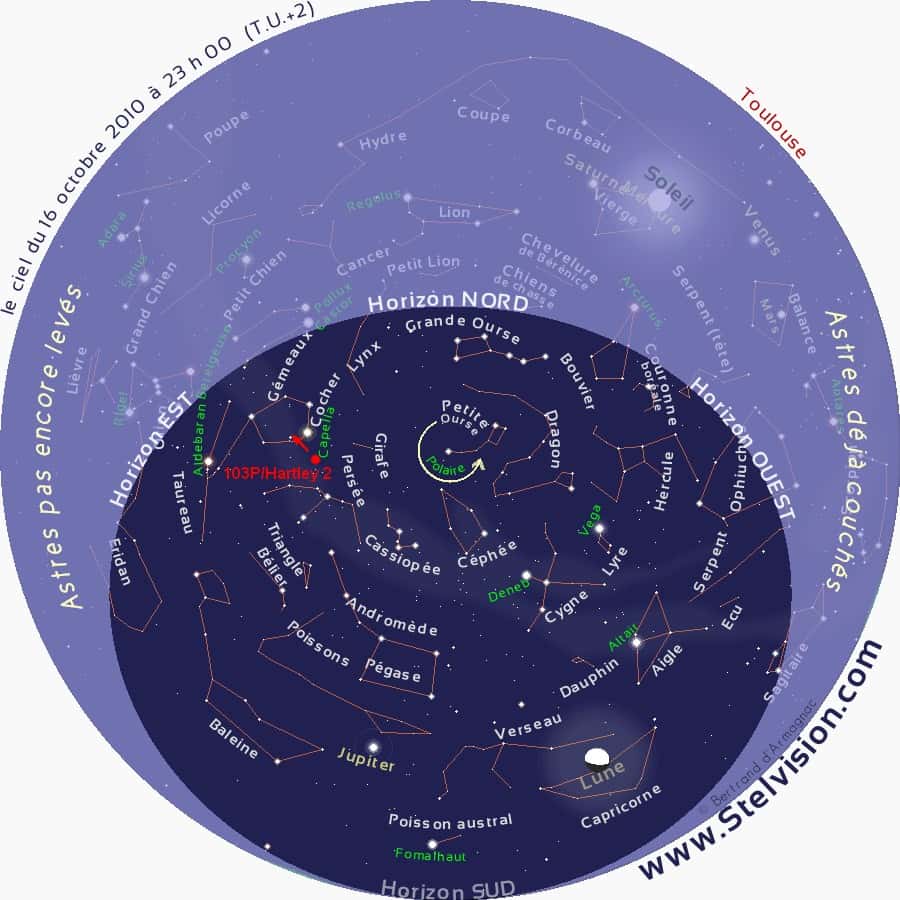 Position de 103P/Hartley 2 (rond rouge) le 16 octobre vers 23 heures TU La flèche indique le sens de déplacement de la comète. © <a href="http://www.stelvision.com/index.php" target="_blank">stelvision.com</a>