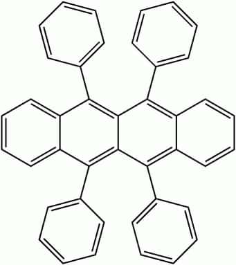 La formule chimique brute du rubrène, un hydrocarbure aromatique polycyclique, est C<sub>42</sub>H<sub>28</sub>. On l'appelle le 5,6,11,12-tétraphénylnaphthacène. © Domaine public