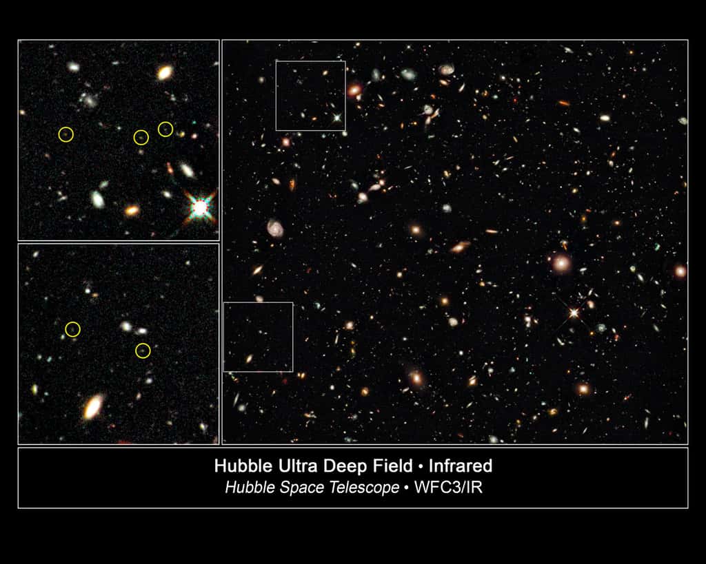  <br />Une image du <em>Hubble Ultra Deep Field</em>. Dans les cercles en blanc se trouvent des galaxies dont le décalage spectral est important. © Nasa-Esa G. Illingworth (UCO/<em>Lick Observatory</em> <em>and University of California</em>, Santa Cruz) <em>and</em> <em>the HUDF09 Team</em>