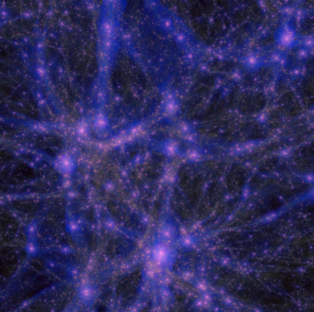 Une image extraite de la simulation de la formation des galaxies aux débuts de l'univers, effectuée sur <em>MareNostrum</em>, l'un des plus gros ordinateurs du monde. Elle a nécessité plus de quatre semaines de calculs sur 2.000 processeurs. Elle montre la formation de plus de 100 millions de galaxies. © <em>MareNostrum</em>/ CEA-Teyssier