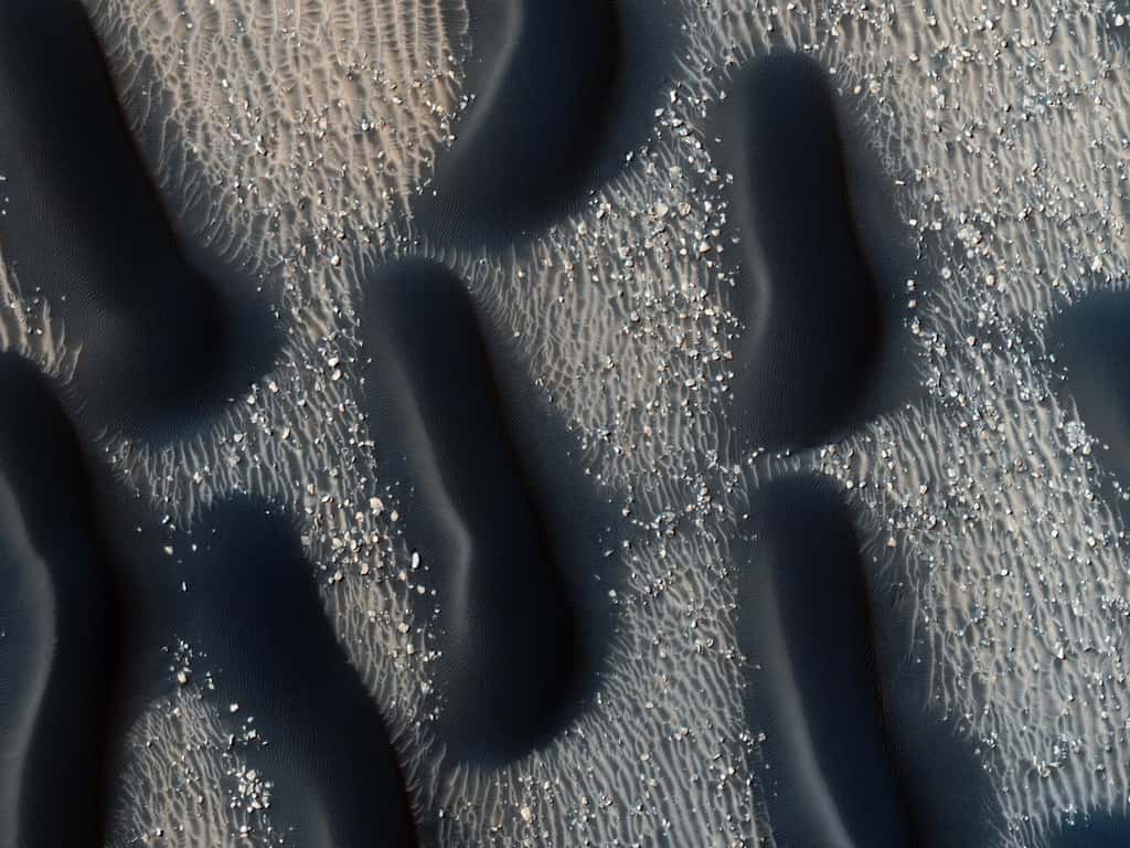 Les étranges dunes de sable basaltique noir au fond du cratère Proctor avaient été découvertes par la sonde Mariner 9. Mars Reconnaissance Orbiter en a refait le portrait en haute résolution. © Nasa/JPL/<em>University of Arizona</em>