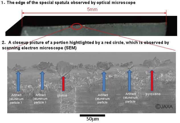 Les échantillons récupérés sur la spatule du collecteur (voir la photographie au bas de l’article), vus au microscope optique (en haut) et électronique (en bas). À côté de particules métalliques provenant de l’instrument lui-même (<em>artifact</em>, artefact), les scientifiques y ont détecté notamment de l’olivine et du pyroxène, qui proviendraient bien de l’astéroïde Itokawa. © Jaxa