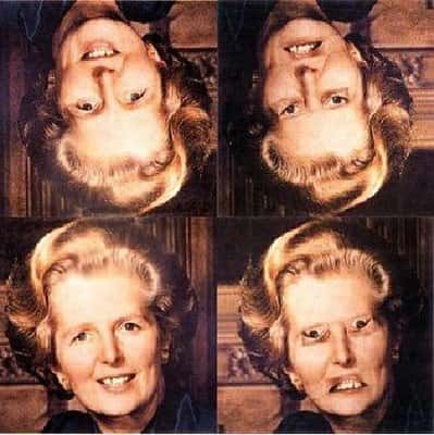 Le visage de Margaret Thatcher normal (à gauche) ou modifié (à droite). Si on les observe à l'envers (en haut), rien ne nous choque, mais vu dans le bon sens... © DR