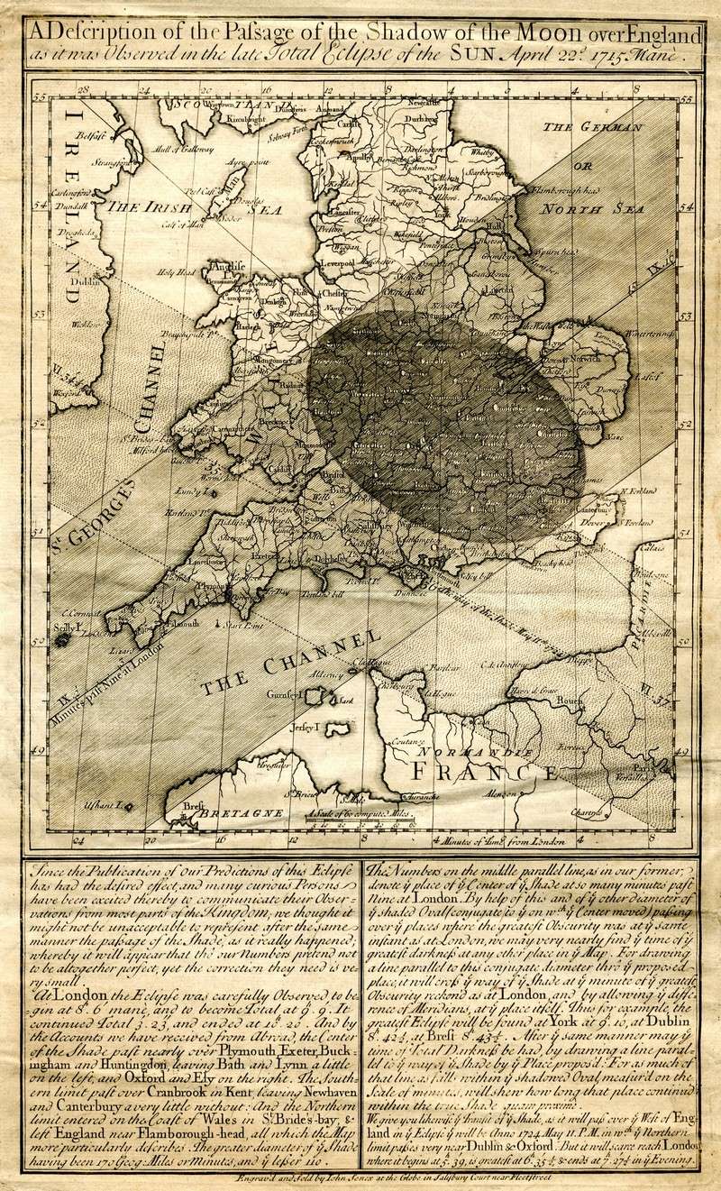 Ce document d'Edmond Halley présente une éclipse totale de Soleil, observable en Angleterre en 1715. © DR