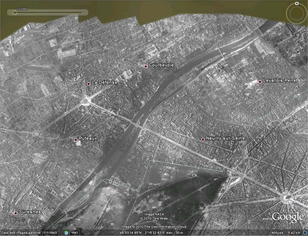 Une partie de Paris et la proche banlieue ouest en 1943. L'origine de l'image n'est pas précisée. Le quartier de la Défense n'était pas encore planté...