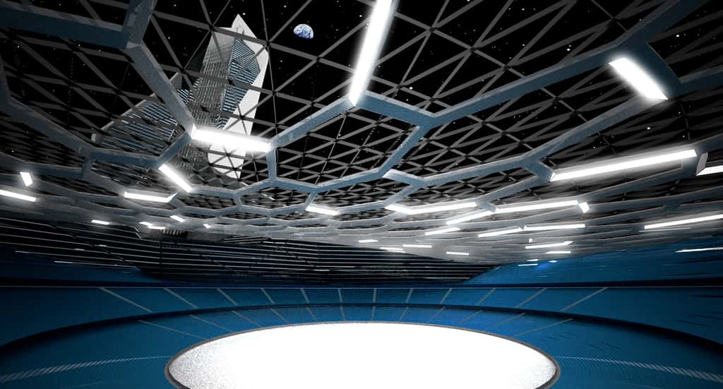 Un beau stade de 100.000 places dans lequel des afficheurs lumineux installés dans le sol servent à tracer toutes les lignes nécessaires à une multitude de sports. Le plafond, transparent, est fortement renforcé : de l'autre côté, c'est le vide... © Brian Harms et Keith Bradley