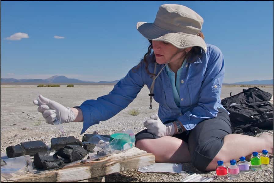 Felisa Wolfe-Simon collectant des échantillons de bactéries dans les sédiments du lac Mono. © Henry Bortman