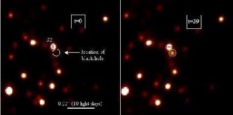 Figure 1.  A quelques minutes près, un flash lumineux apparaît (ici à 1.62 µm de longueur d'onde) puis disparaît à l'endroit exact où git un trou noir au centre de notre Galaxie. (S2 est l'étoile orbitant autour du trou noir qui a récemment permis d'en estimer la masse