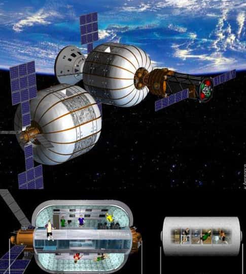 Le projet de station spatiale de Bigelow Aerospace s’appuie sur des structures gonflables reliées les unes aux autres. La firme américaine envisage de la satelliser dès 2015 et s'est associée à Boeing pour la conception d’un véhicule spatial dénommé CST-100, qui sera utilisé pour la rejoindre (au bas de l'image, comparaison d'un module gonflable BA 330 de 13,7 mètres contre 8 mètres pour le laboratoire Destiny de l'ISS) © Bigelow Aerospace