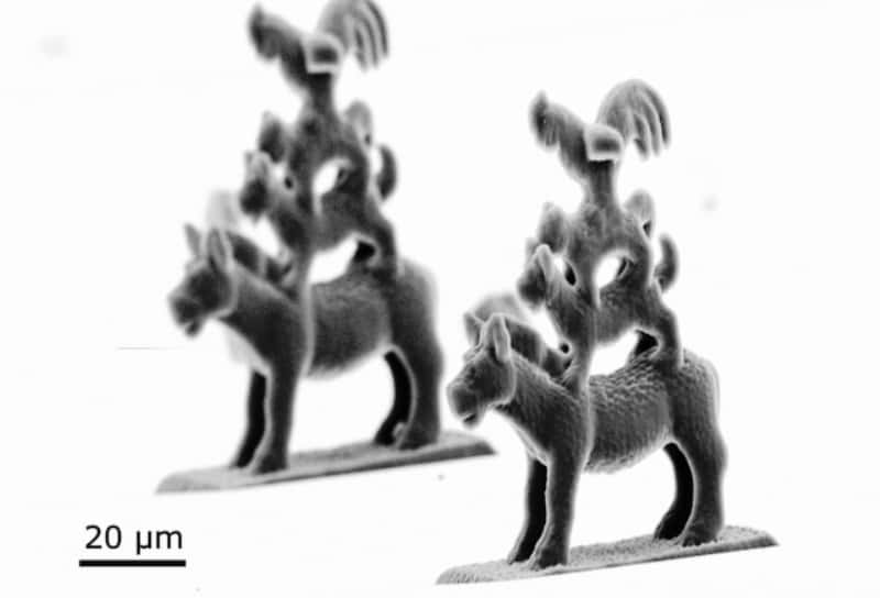 Des sculptures en stéréographie micrométrique représentant la statue des Animaux musiciens de Brême . © Nanoscribe GmbH