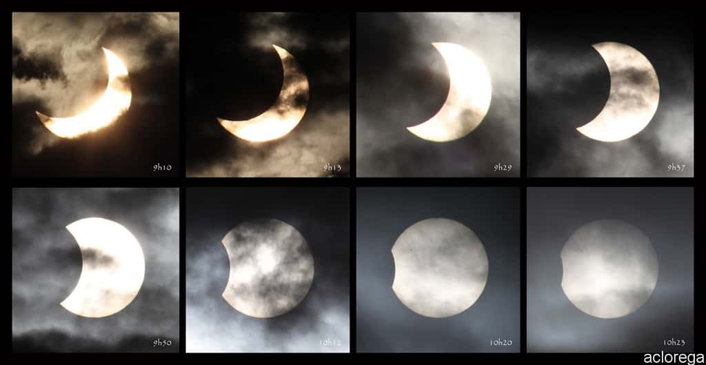 L'éclipse de Soleil photographiée de 9 h 10 à 10 h 23, assemblée ici. © aclorega