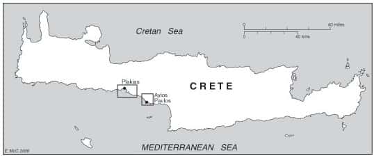 Les sites d'où proviennent les outils qui viennent d'être découverts sont situés sur la côte sud de la Crète. © Ministère grec de la culture et du tourisme