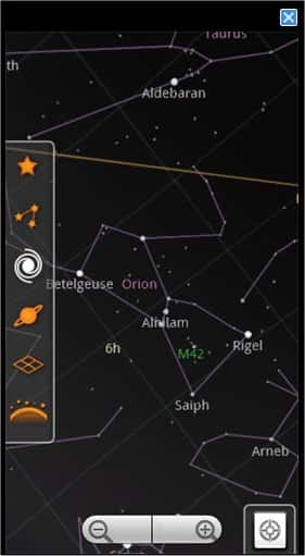 Google Sky Map, planétarium, éphéméride et guide du ciel affichant le nom des astres par pointage direct de la voûte céleste, à la façon « réalité augmentée ». © Google