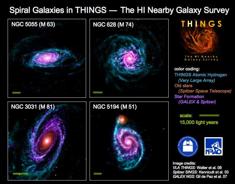 Des galaxies observées à différentes longueurs d'onde. En bleu, la raie à 21 cm observée avec le VLA et en violet les émissions en ultraviolet des zones de formation d'étoiles observées par Galex. En orange, ce sont les observations en infrarouge de vielles étoiles par Spitzer. © NRAO/AUI