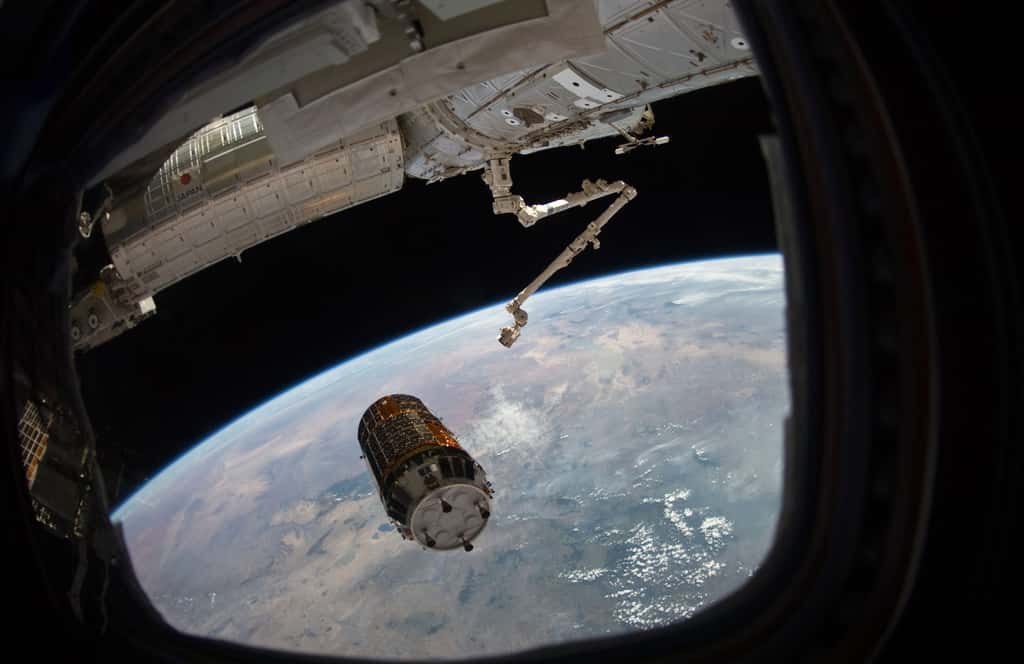 Aux commandes du bras robotique, les deux ingénieurs de vol d’Expedition 26, s’apprêtent à saisir l’HTV-2 qui, après s’être approché à 30 mètres de la Station, a été capturé alors qu’il se trouvait à 10 mètres de l’ISS. L'<a href="//www.futura-sciences.com/fr/news/t/astronautique/d/lengin-spatial-automatique-atv-3-alias-edoardo-amaldi-prend-forme_26790/" title="L&#039;engin spatial automatique ATV-3, alias Edoardo Amaldi, prend forme" target="_blank">ATV</a> européen, lui, effectue seul l'amarrage. © Nasa