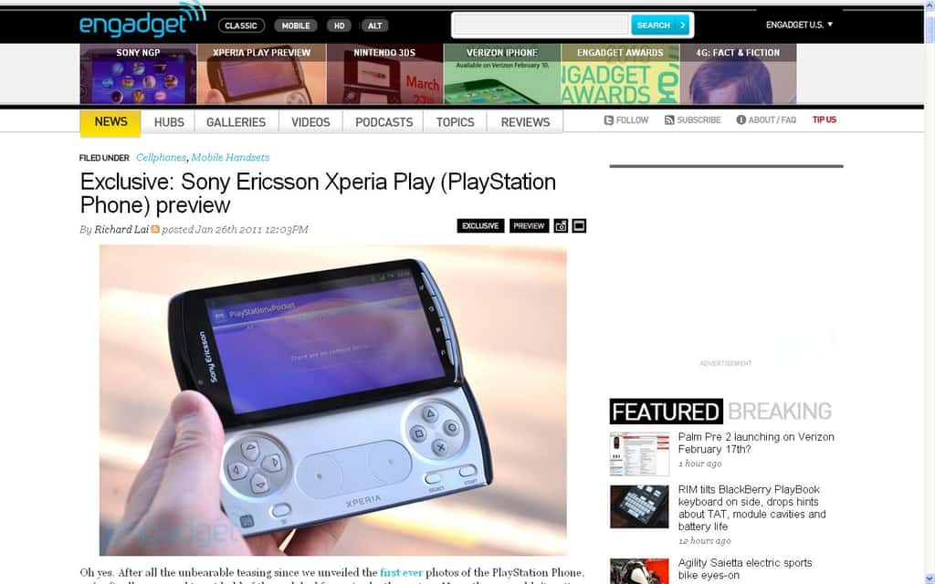 Avec sa XPeria Play, Sony invente un curieux concept : la console de jeux minuscule servant aussi de téléphone. © Engadget.com