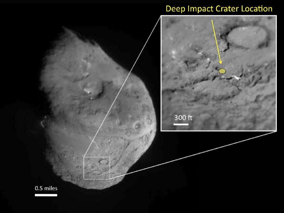 Stardust-Next a réussi à photographier le cratère formé par Deep Impact. Seul l’œil exercé d’astronomes peut repéré un petit monticule au centre et vraisemblablement autour quelques-uns de ces éjectas. © Nasa/JPL-Caltech /Cornell