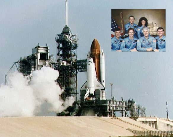 La navette Discovery et son équipage de six astronautes lors de son premier vol opérationnel, le 30 août 1984, pour une mission de six jours dans l'espace (STS-41D). © Nasa
