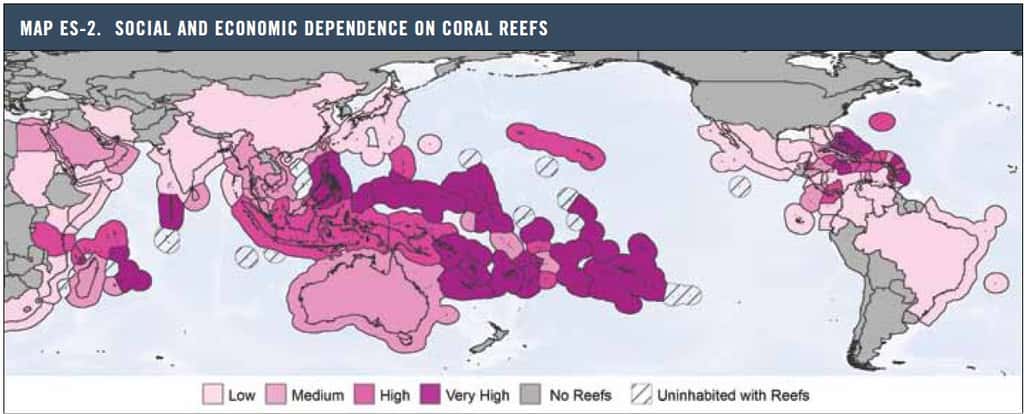 Carte de la dépendance sociale et économique des populations aux récifs coralliens. Les valeurs vont de faible (rose pâle) à très forte (rose foncé) ou nulle (gris). Sont pris en compte les emplois des pêcheries, la dépendance pour la nourriture, les <a href="//www.futura-sciences.com/fr/doc/t/zoologie-1/d/lor-rouge-un-objet-de-fascination_606/c3/221/p1/" title="L&#039;or rouge : un objet de fascination" target="_blank">exportations tirées de l’exploitation des récifs</a> et les activités touristiques. Selon l’étude, 108 pays seraient touchés par la dégradation importante des récifs et 27 seraient particulièrement vulnérables. © WRI