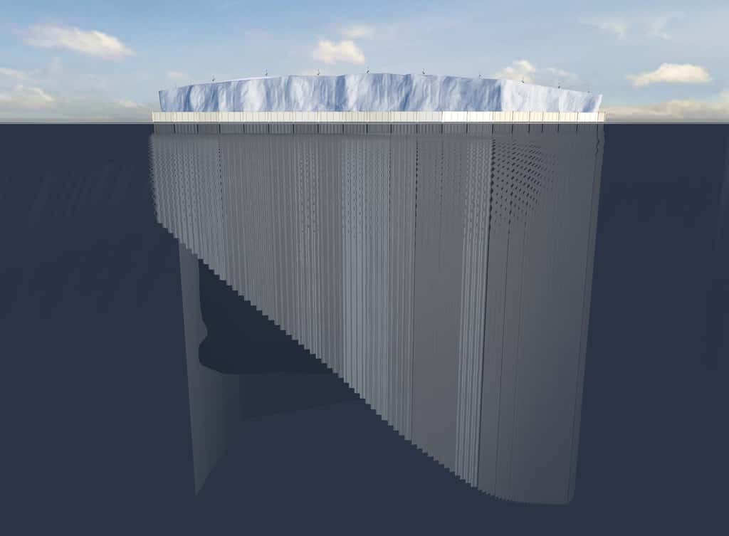 Les lames de tissus pliées dans les boîtes portées par la jupe sont en train de se déployer, formant un rideau limitant les échanges thermiques entre la glace et l'eau et réduisant ainsi la vitesse de fonte. © Dassault Systèmes