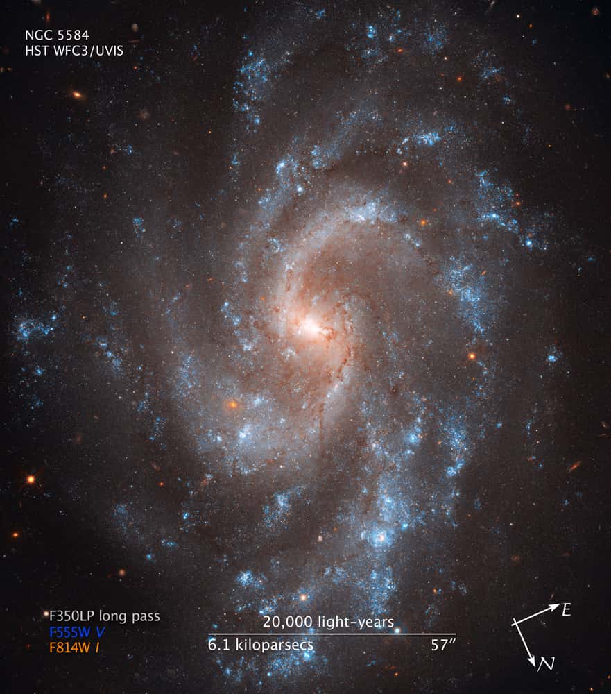 La galaxie spirale NGC 5584 se trouve à 72 millions d'années-lumière dans la constellation de la Vierge. © Esa-Nasa