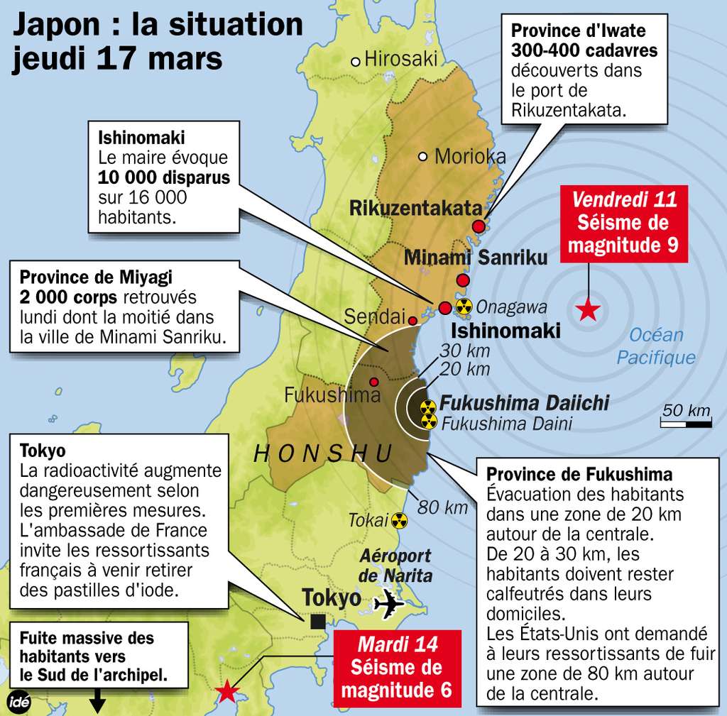 Les points clés de la situation au Japon, entre victimes du séisme ou du tsunami et menace nucléaire. © Idé