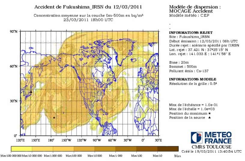 La simulation, réalisée par l’IRSN, de la <a href="http://www.irsn.fr/FR/popup/Pages/irsn-meteo-france_19mars.aspx" title="Modélisation de la dispersion des rejets radioactifs dans l’atmosphère à l’échelle globale" target="_blank">dispersion du panache radioactif</a> depuis la première explosion du 12 mars à la centrale nucléaire de Fukushima 1 (Daiishi). Elle tient compte de toutes les fuites constatées depuis la première explosion et s’appuie sur les modèles et les observations météorologiques. Le panache, qui ne se développe que dans l’hémisphère nord, devrait toucher les côtes européennes dans les prochains jours. Auparavant, il se sera étalé sur toute la largeur du Pacifique, de l’Amérique du Nord puis de l’Atlantique. Les concentrations du panache resteront très faibles. En revanche, si les vents se mettent à souffler du nord, les populations au sud de la centrale seront directement exposées. © IRSN