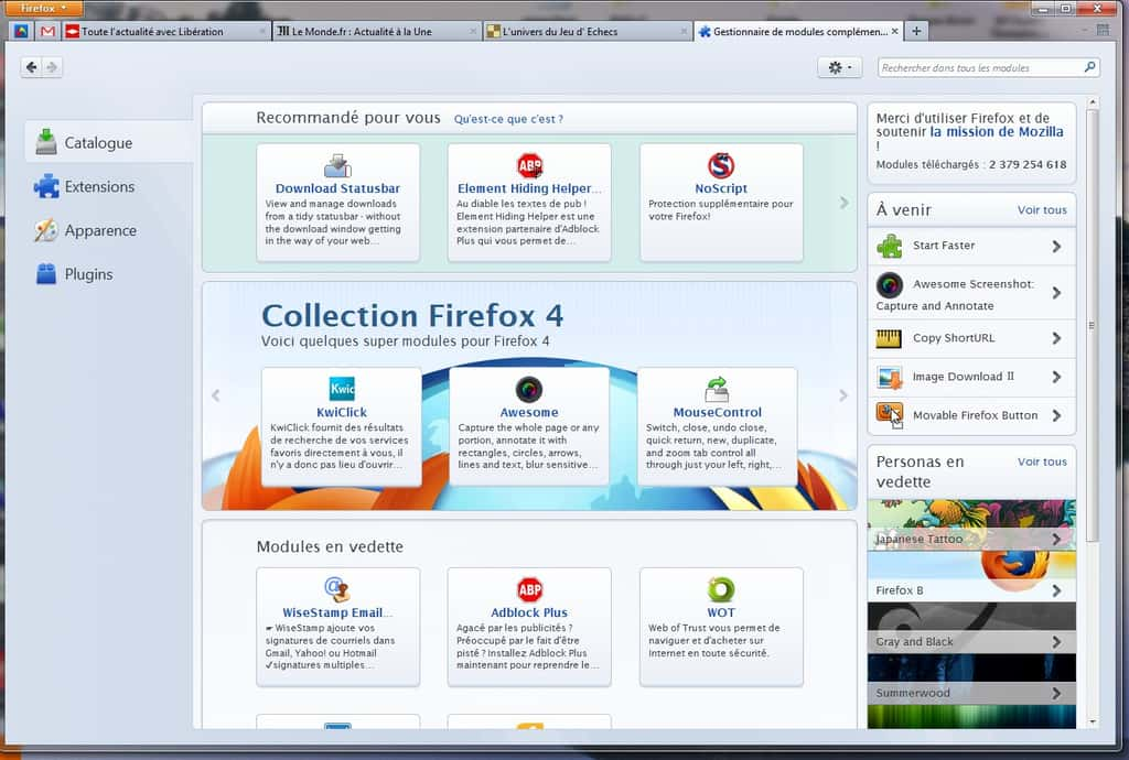 L’interface du gestionnaire de modules complémentaires a été entièrement revue. Désormais plus claire, elle propose différentes rubriques selon leurs types : Catalogue, Extensions, Apparence ou Plugins. © Mozilla