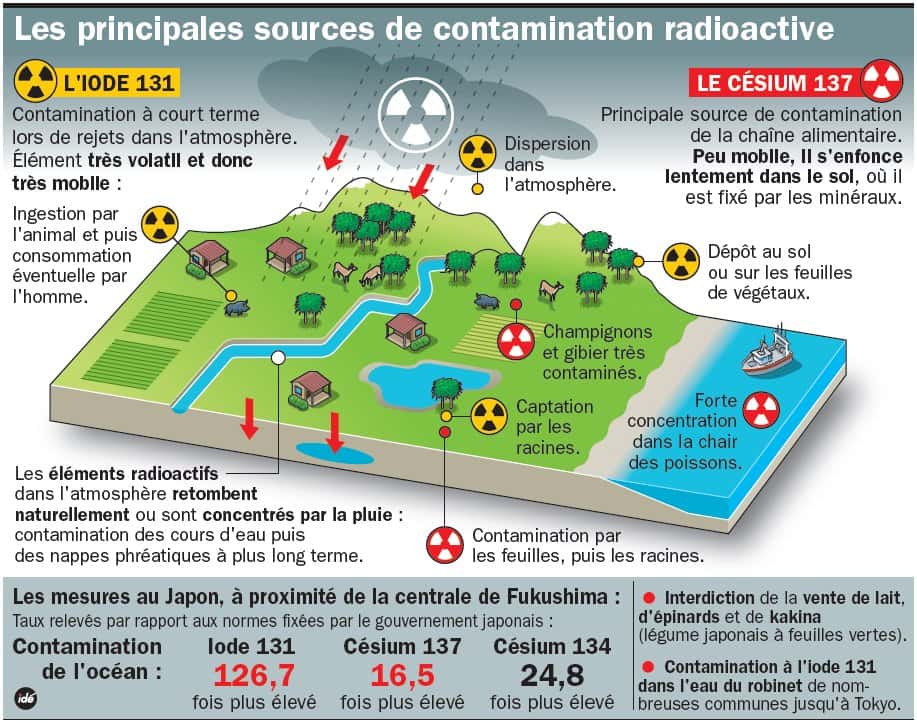 Les contaminations observées autour de la centrale de Fukushima le 22 mars 2011. © Idé