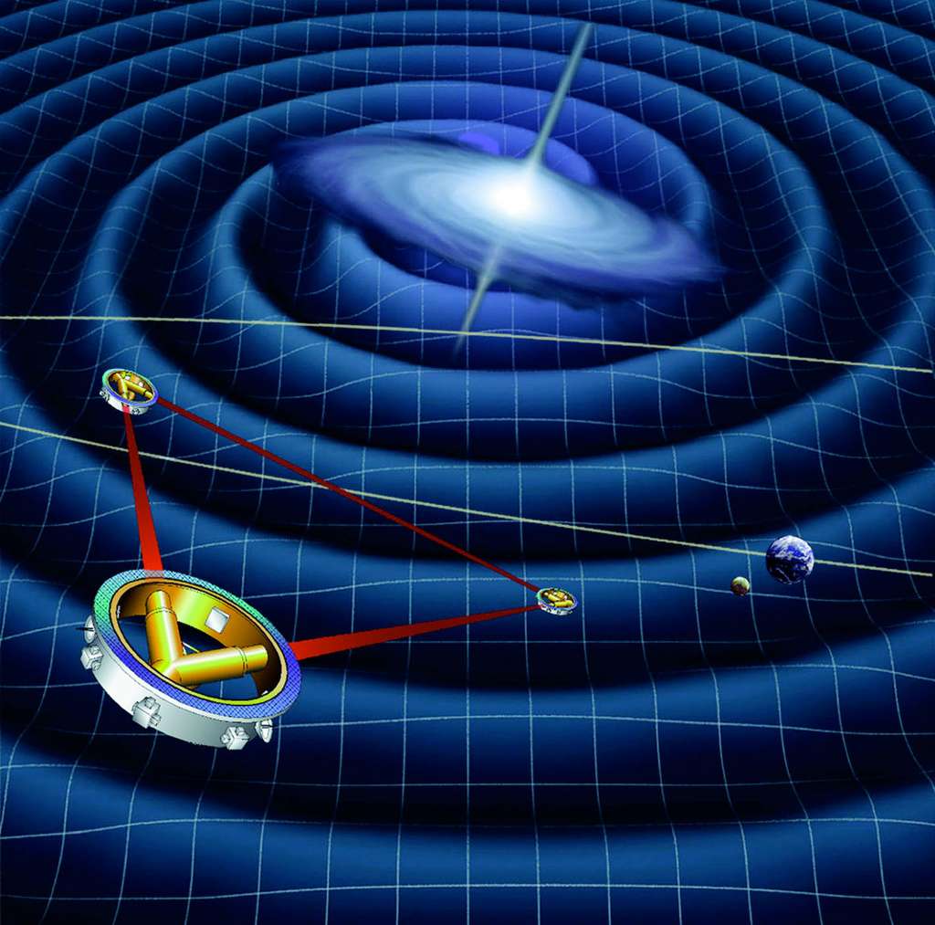 Lisa, premier détecteur spatial d'ondes gravitationnelles, consiste en une constellation de trois satellites en orbite héliocentrique formant un triangle équilatéral de 5 millions de kilomètres de côté. © Esa