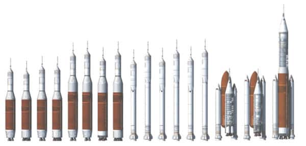 Concepts de lanceurs dérivés d'éléments propulsifs de la navette spatiale. D'autres alternatives sont toujours à l’étude, comme une approche modulaire à trois étages identiques accolés les uns aux autres dans une configuration comparable à la Delta IV Heavy. La Nasa attend également le résultat de treize études distinctes commandées à l’industrie. © Nasa