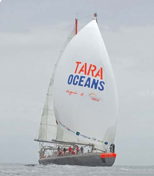 <em>Tara</em> est un voilier gréé en goélette, à la coque renforcée pour résister à la banquise. Sous le nom d'<em>Antarctica</em>, le navire a appartenu à Jean-Loup Etienne pour ses expéditions en milieu polaire. Sous le nom de <em>Tara</em>, la goélette s'est laissé prendre par la banquise arctique et a dérivé pendant 500 jours avec elle. © J. Girardot - Fonds Tara