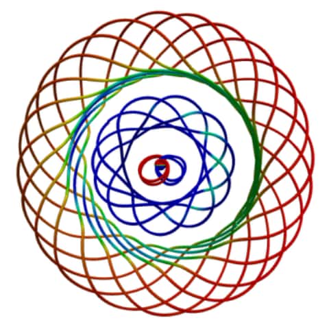 Lors d'une collision frontale entre deux trous noirs, des lignes de champs entrelacées, liées à la vorticité d'un fluide s'il était présent, sont éjectées par paquets formant des tores. Il y a une analogie avec les ronds de fumée qui sont aussi formés par des lignes de vorticité. © <em>The Caltech/Cornell SXS Collaboration</em>