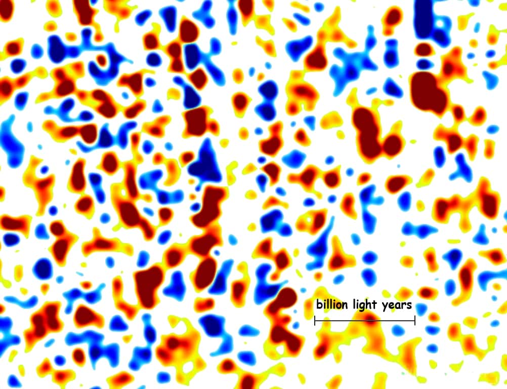 Un zoom sur la répartition de l'hydrogène neutre dans l'univers il y a plus de 10 milliards d'années. En rouge les zones de surdensités et en bleu les zones de sousdensités. En bas à droite, la barre indique une distance de 1 milliard d'années-lumière. © Anže Slosar, <em>Boss Lyman-alpha cosmology working group</em>