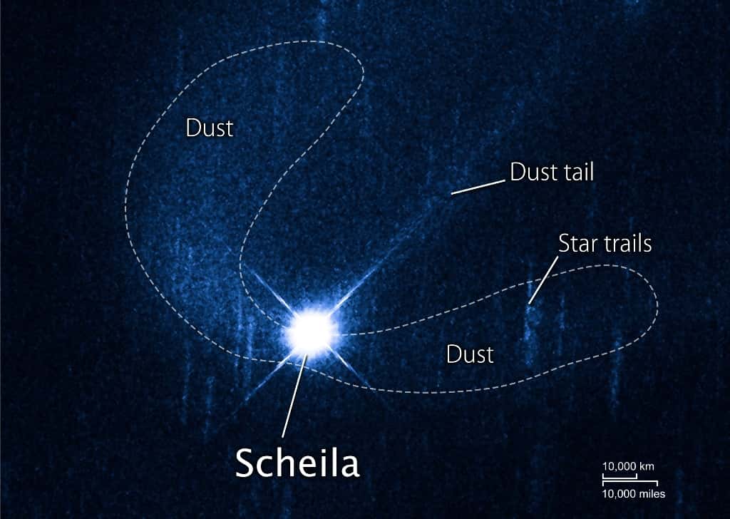 Les images de Hubble montrent les deux panaches de poussières (<em>dust </em>en anglais) avant qu'ils ne se dispersent. Les <em>Star trails</em> sur l'image sont juste les traces laissées par le mouvement apparent des étoiles. © Nasa/Esa/D. Jewitt (Ucla)