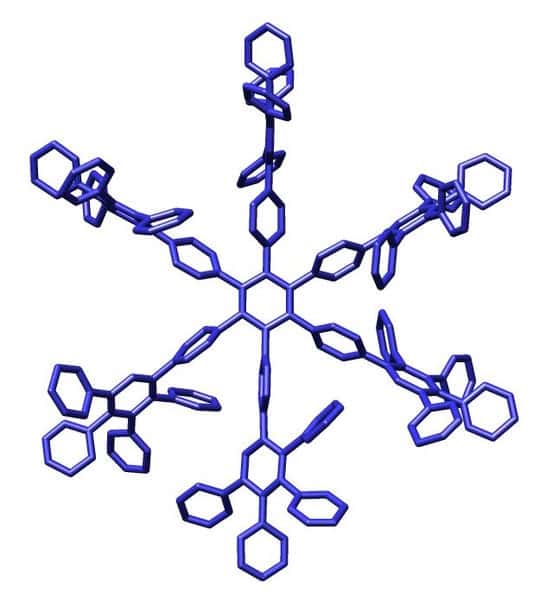 Les dendrimères sont de grosses molécules sphériques, ici en polyphénylène.  © M stone, Wikimedia, GFDL 1.2 