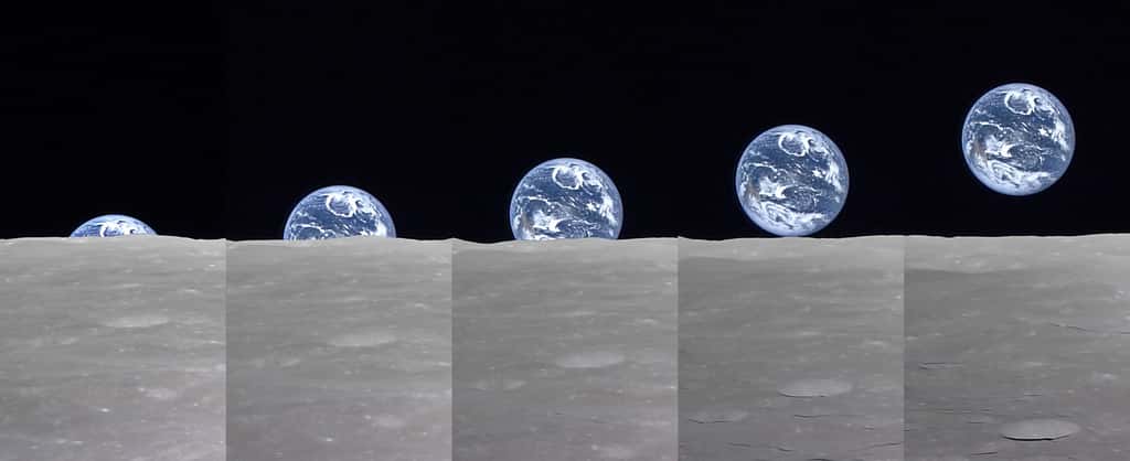 Point d’orgue de cette mission lunaire, des survols à seulement 100 kilomètres de la surface de la Lune et la vision spectaculaire d’un lever de Terre. © Jaxa/NHK