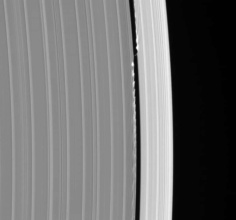 Autre image spectaculaire prise par la sonde Cassini, où l'on voit des ondulations dans la structure des anneaux de Saturne, créées par le passage de la petite lune Daphnis. © N.A.S.A, JPL