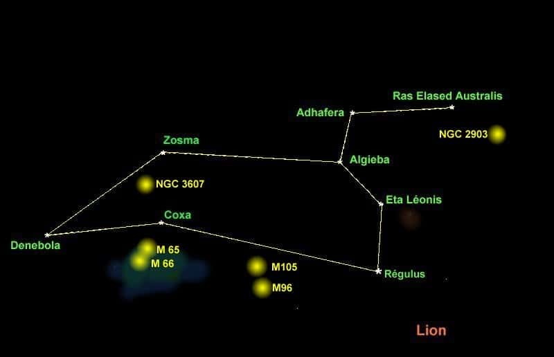 La constellation du Lion et quelques-uns des objets célestes qui l'occupent. © DR