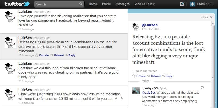«<em> Une mine de données exceptionnelle</em> » explique benoîtement LulzSec sur Twitter pour présenter sa récolte de 62.000 comptes personnels, avec identifiants et mots de passe, récupérés sur des sites non précisés.