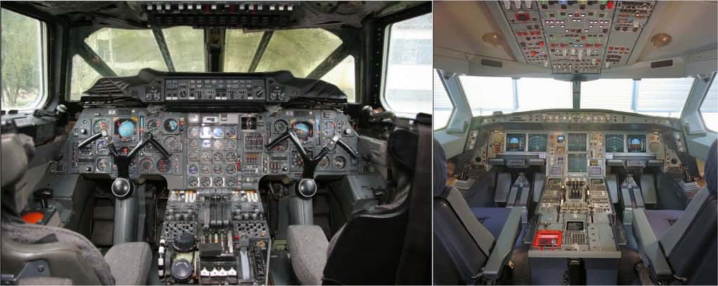 À gauche, le cockpit du Concorde. À droite, celui de l'Airbus A340. L'évolution des avions est beaucoup plus visible à l'intérieur du poste de pilotage. © DR et Airbus