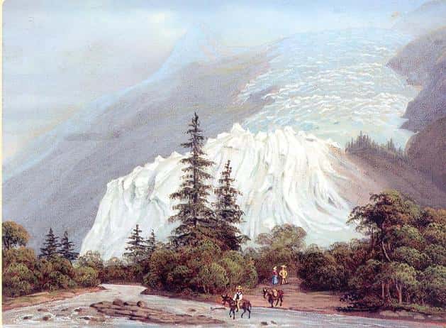 Glacier des Bossons en 1830. Voir <a href="http://fr.wikipedia.org/wiki/Petit_%C3%A2ge_glaciaire" target="_blank">petit âge glaciaire</a>. © Domaine public