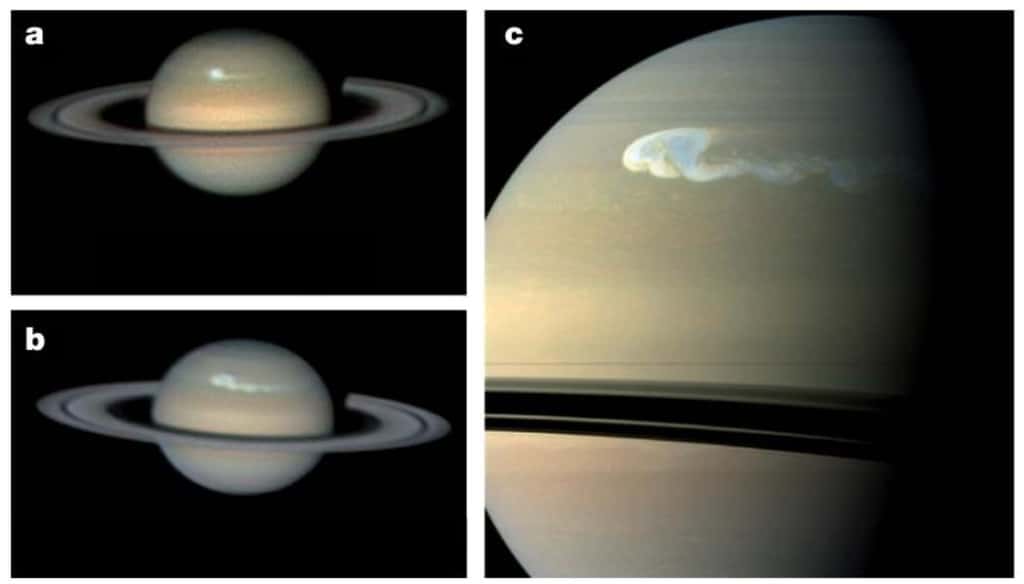Trois images de la tempête à ses débuts. a) Image prise le 13 décembre 2010 par l'amateur C. Go. b) Image prise le 22 décembre 2010 par l'amateur A. Wesley. c) Image prise le 24 décembre 2010 par la sonde Cassini. © C. Go/A. Wesley/Nasa/JPL/SSI